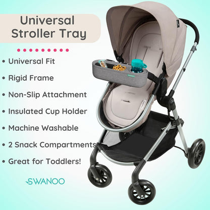 Universal Stroller Tray with Insulated Sippy Cup Holder - Upgraded Rigid Frame Stays Upright - Exclusive Non Slip Straps Firmly Grip Stroller Bar. Universal Stroller Snack Tray Attachment