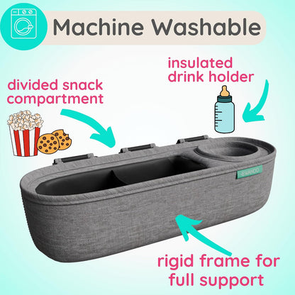Universal Stroller Tray with Insulated Sippy Cup Holder - Upgraded Rigid Frame Stays Upright - Exclusive Non Slip Straps Firmly Grip Stroller Bar. Universal Stroller Snack Tray Attachment