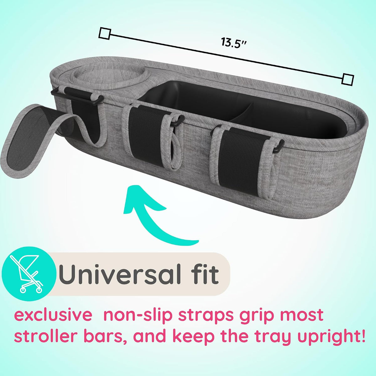 Universal Stroller Tray with Insulated Sippy Cup Holder - Upgraded Rigid Frame Stays Upright - Exclusive Non Slip Straps Firmly Grip Stroller Bar. Universal Stroller Snack Tray Attachment