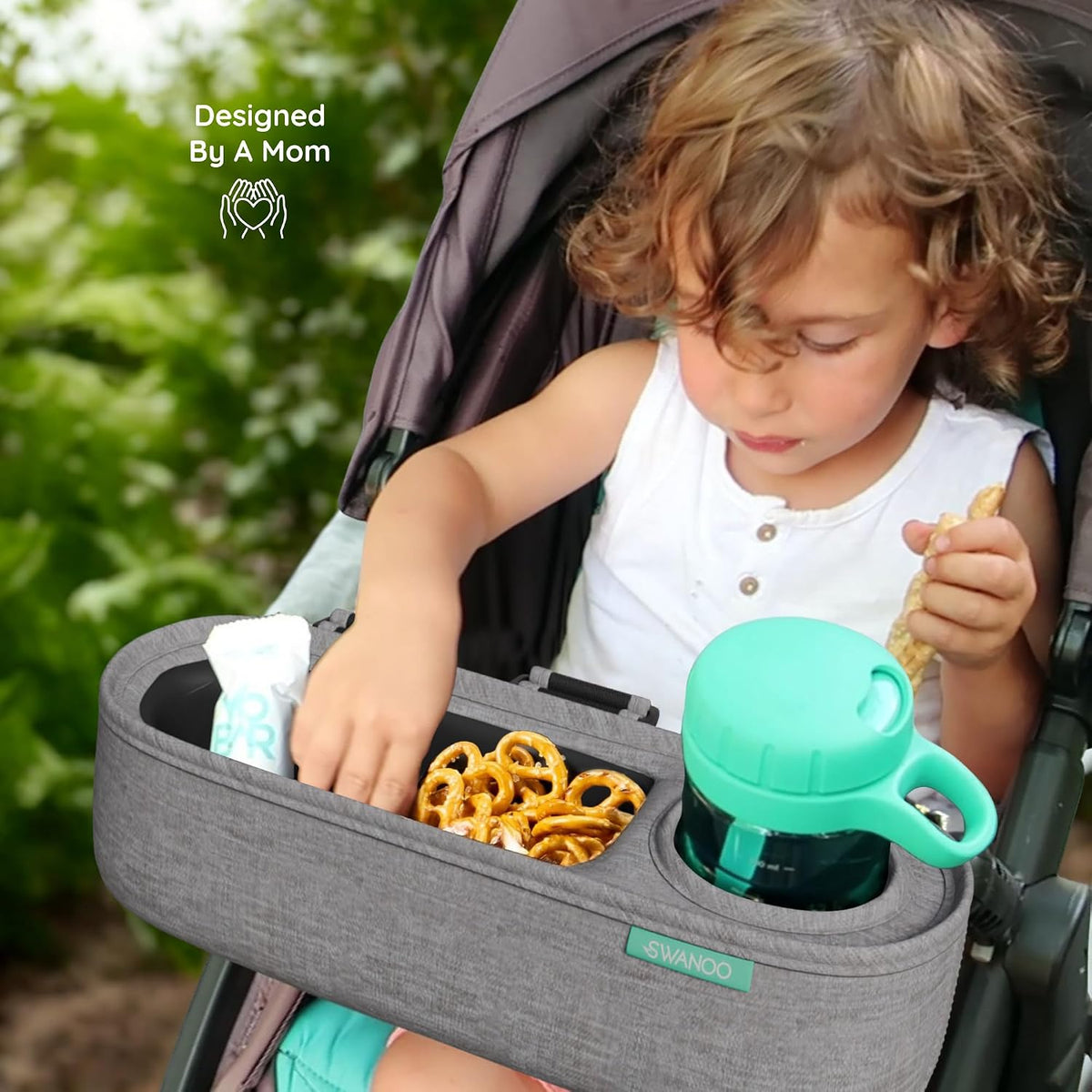 Universal Stroller Tray with Insulated Sippy Cup Holder - Upgraded Rigid Frame Stays Upright - Exclusive Non Slip Straps Firmly Grip Stroller Bar. Universal Stroller Snack Tray Attachment
