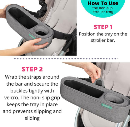 Universal Stroller Tray with Insulated Sippy Cup Holder - Upgraded Rigid Frame Stays Upright - Exclusive Non Slip Straps Firmly Grip Stroller Bar. Universal Stroller Snack Tray Attachment