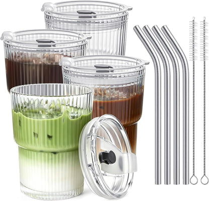 20 Oz Glass Coffee Tumblers with Lids and Straws, 2 Pack | Iced Coffee Cups with Lids, Matcha Cups, Leak Proof, Reusable for To Go Coffee, Latte, Tea, Smoothie
