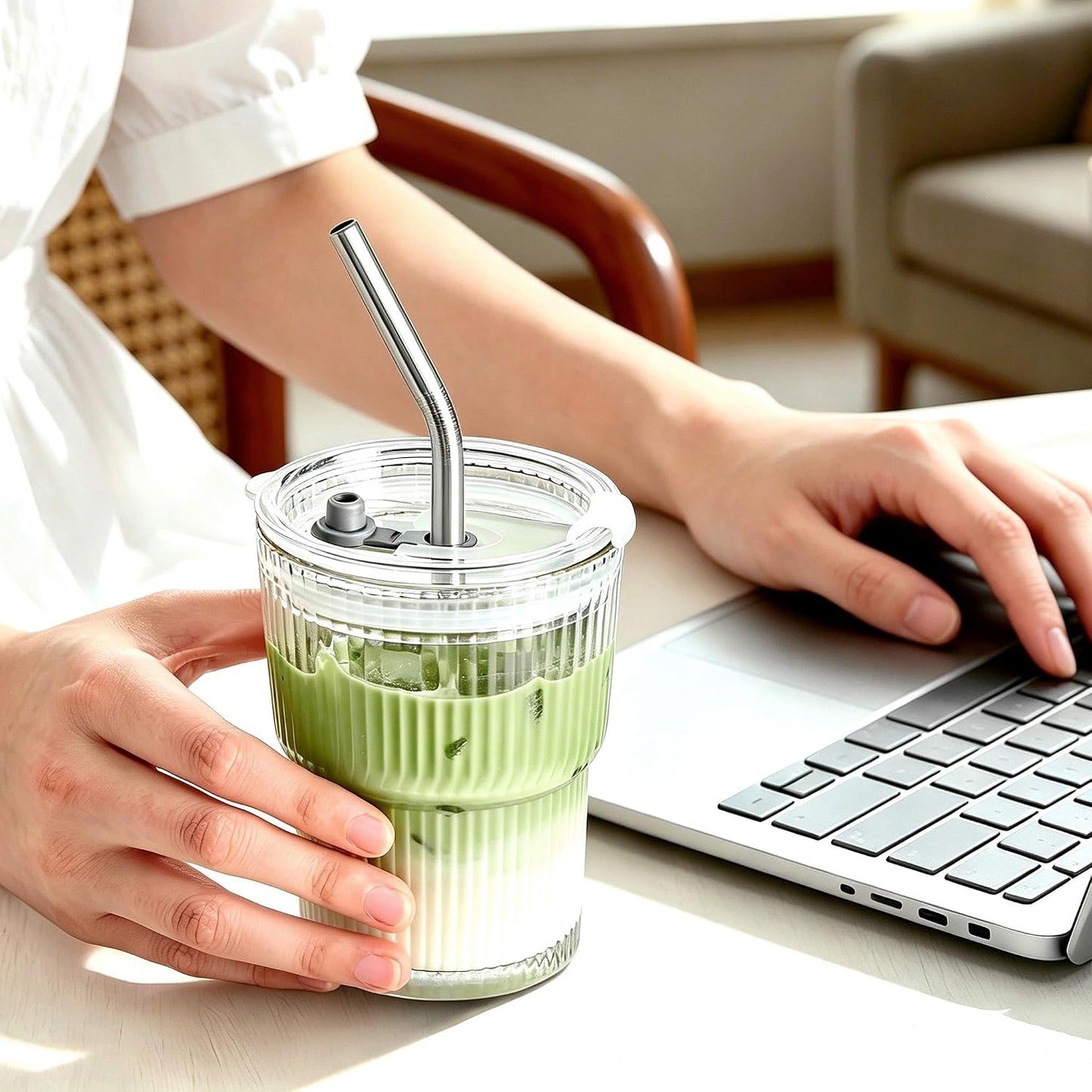 20 Oz Glass Coffee Tumblers with Lids and Straws, 2 Pack | Iced Coffee Cups with Lids, Matcha Cups, Leak Proof, Reusable for To Go Coffee, Latte, Tea, Smoothie