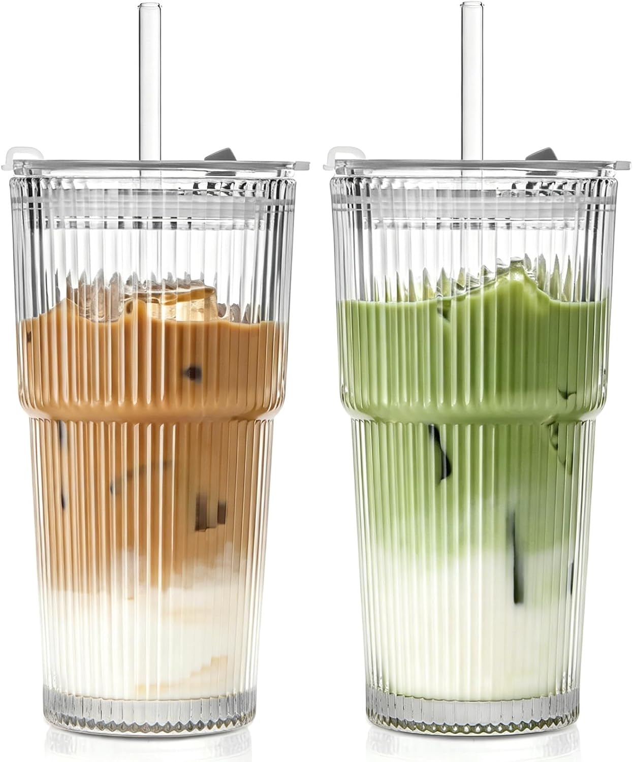 20 Oz Glass Coffee Tumblers with Lids and Straws, 2 Pack | Iced Coffee Cups with Lids, Matcha Cups, Leak Proof, Reusable for To Go Coffee, Latte, Tea, Smoothie