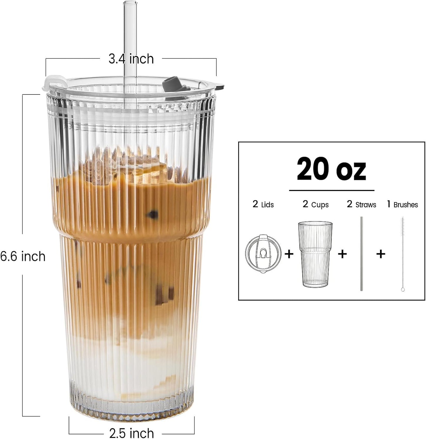 20 Oz Glass Coffee Tumblers with Lids and Straws, 2 Pack | Iced Coffee Cups with Lids, Matcha Cups, Leak Proof, Reusable for To Go Coffee, Latte, Tea, Smoothie