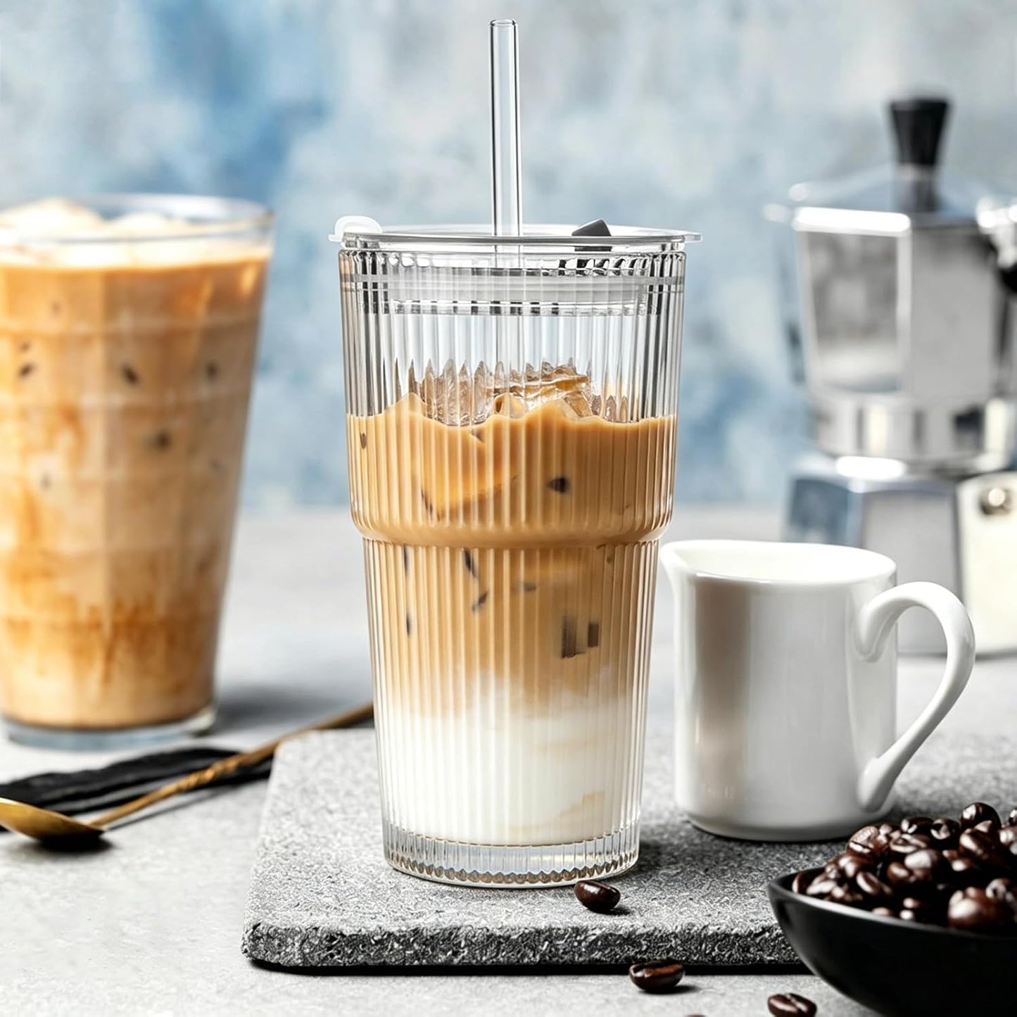 20 Oz Glass Coffee Tumblers with Lids and Straws, 2 Pack | Iced Coffee Cups with Lids, Matcha Cups, Leak Proof, Reusable for To Go Coffee, Latte, Tea, Smoothie