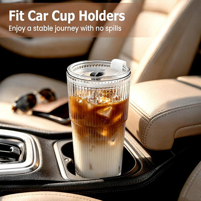 20 Oz Glass Coffee Tumblers with Lids and Straws, 2 Pack | Iced Coffee Cups with Lids, Matcha Cups, Leak Proof, Reusable for To Go Coffee, Latte, Tea, Smoothie