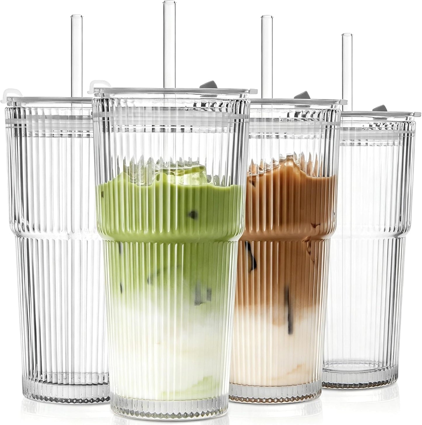 20 Oz Glass Coffee Tumblers with Lids and Straws, 2 Pack | Iced Coffee Cups with Lids, Matcha Cups, Leak Proof, Reusable for To Go Coffee, Latte, Tea, Smoothie