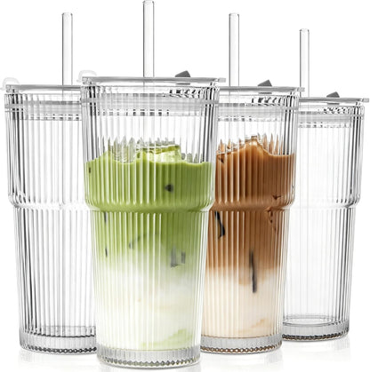 20 Oz Glass Coffee Tumblers with Lids and Straws, 2 Pack | Iced Coffee Cups with Lids, Matcha Cups, Leak Proof, Reusable for To Go Coffee, Latte, Tea, Smoothie