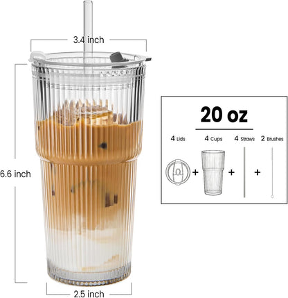 20 Oz Glass Coffee Tumblers with Lids and Straws, 2 Pack | Iced Coffee Cups with Lids, Matcha Cups, Leak Proof, Reusable for To Go Coffee, Latte, Tea, Smoothie