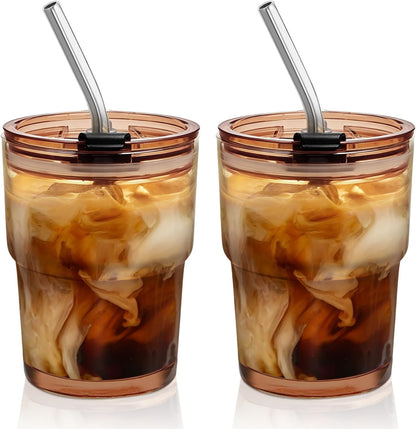 20 Oz Glass Coffee Tumblers with Lids and Straws, 2 Pack | Iced Coffee Cups with Lids, Matcha Cups, Leak Proof, Reusable for To Go Coffee, Latte, Tea, Smoothie