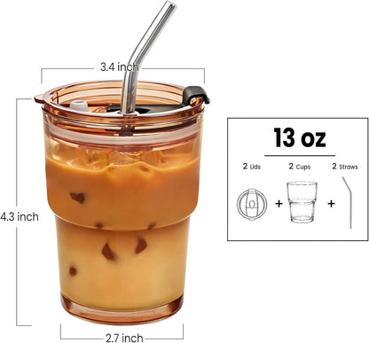 20 Oz Glass Coffee Tumblers with Lids and Straws, 2 Pack | Iced Coffee Cups with Lids, Matcha Cups, Leak Proof, Reusable for To Go Coffee, Latte, Tea, Smoothie
