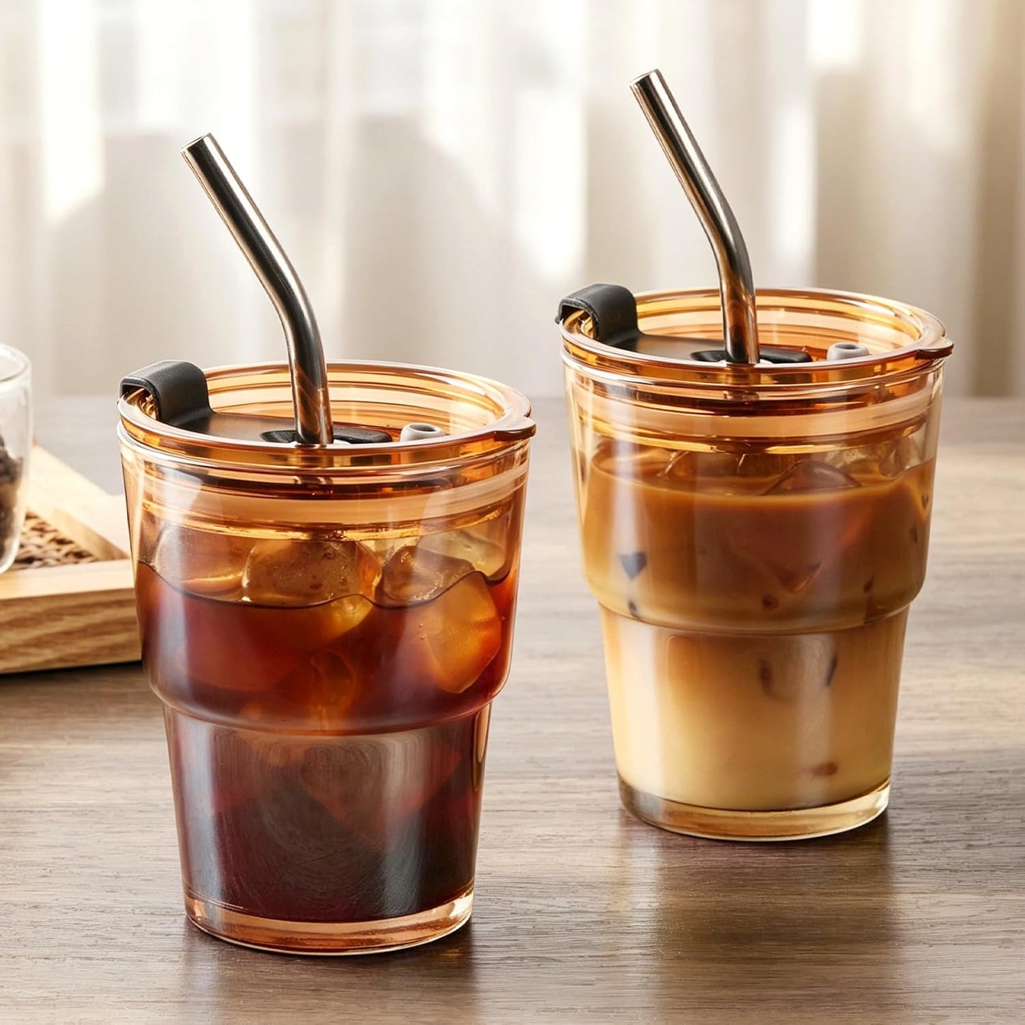 20 Oz Glass Coffee Tumblers with Lids and Straws, 2 Pack | Iced Coffee Cups with Lids, Matcha Cups, Leak Proof, Reusable for To Go Coffee, Latte, Tea, Smoothie