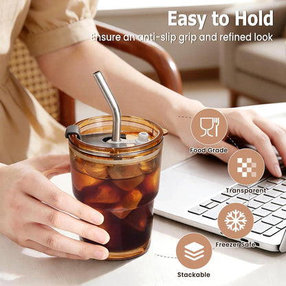 20 Oz Glass Coffee Tumblers with Lids and Straws, 2 Pack | Iced Coffee Cups with Lids, Matcha Cups, Leak Proof, Reusable for To Go Coffee, Latte, Tea, Smoothie