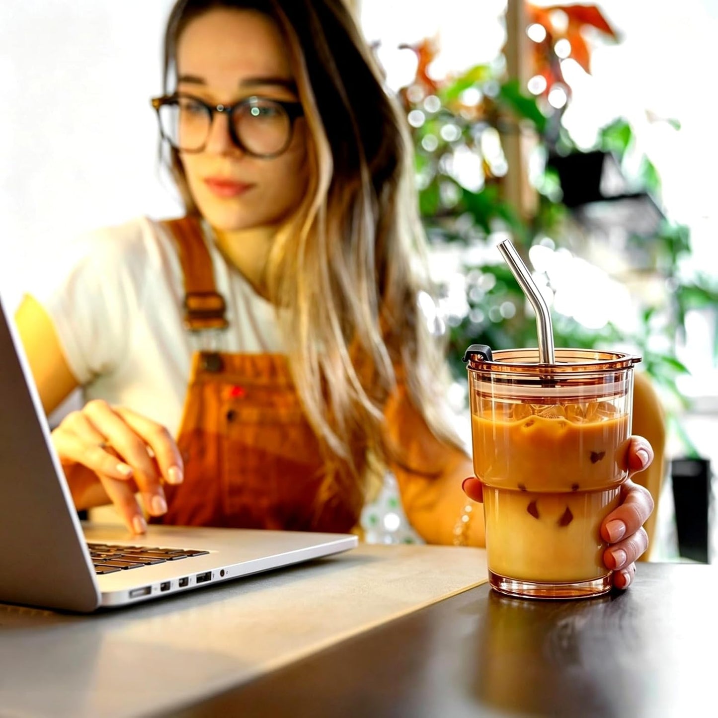 20 Oz Glass Coffee Tumblers with Lids and Straws, 2 Pack | Iced Coffee Cups with Lids, Matcha Cups, Leak Proof, Reusable for To Go Coffee, Latte, Tea, Smoothie
