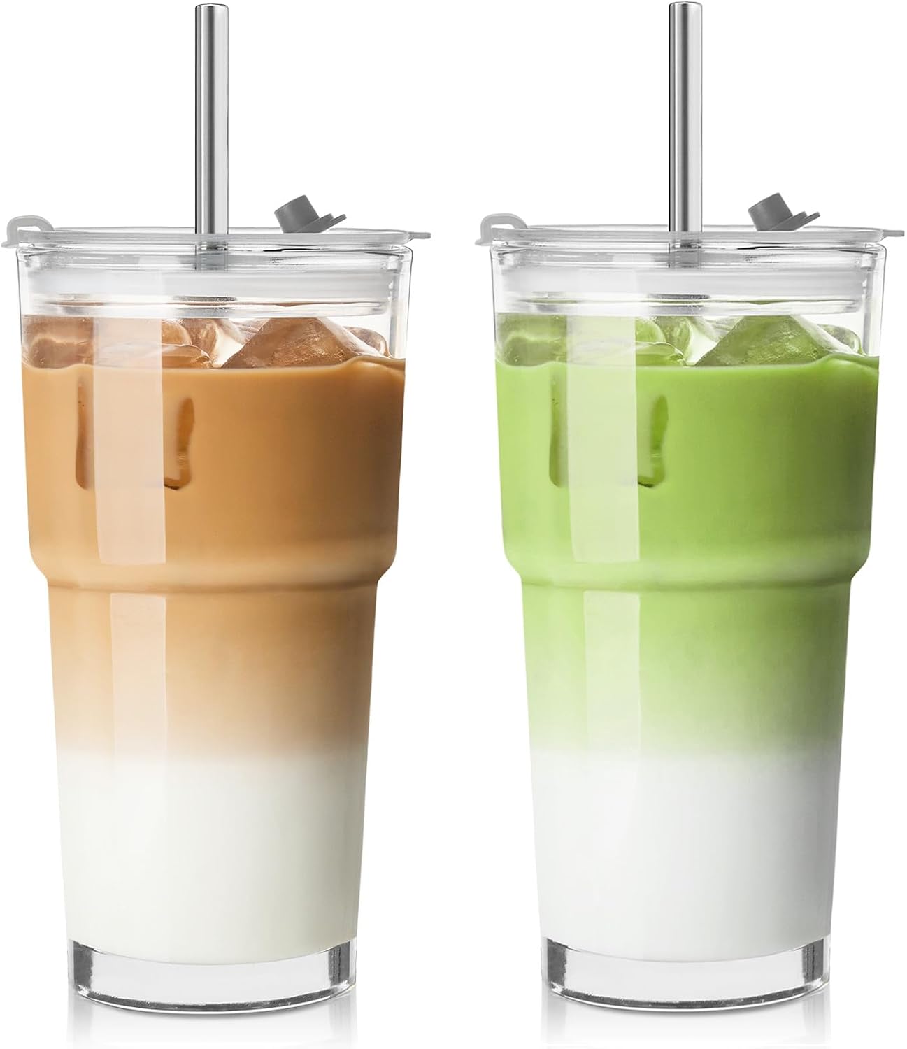 20 Oz Glass Coffee Tumblers with Lids and Straws, 2 Pack | Iced Coffee Cups with Lids, Matcha Cups, Leak Proof, Reusable for To Go Coffee, Latte, Tea, Smoothie