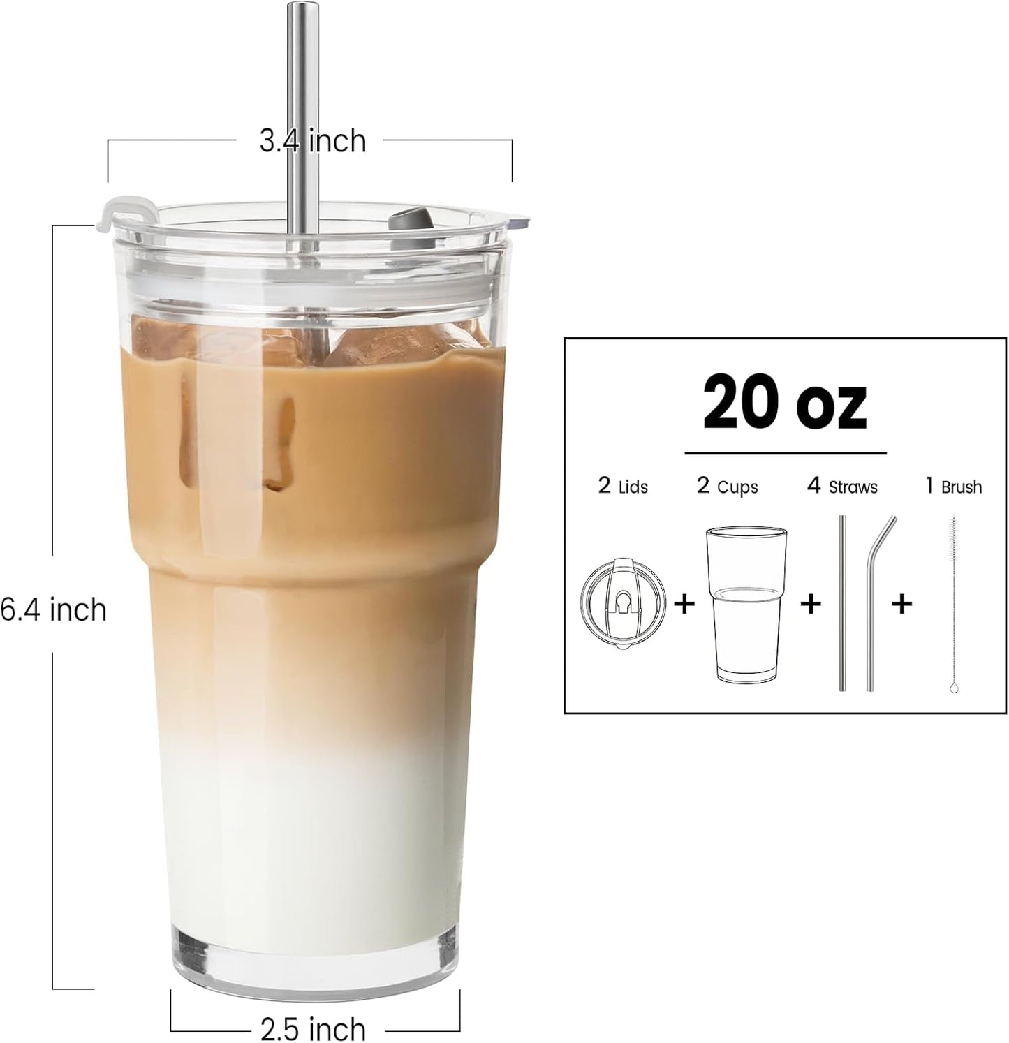20 Oz Glass Coffee Tumblers with Lids and Straws, 2 Pack | Iced Coffee Cups with Lids, Matcha Cups, Leak Proof, Reusable for To Go Coffee, Latte, Tea, Smoothie