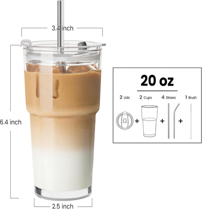 20 Oz Glass Coffee Tumblers with Lids and Straws, 2 Pack | Iced Coffee Cups with Lids, Matcha Cups, Leak Proof, Reusable for To Go Coffee, Latte, Tea, Smoothie