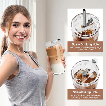 20 Oz Glass Coffee Tumblers with Lids and Straws, 2 Pack | Iced Coffee Cups with Lids, Matcha Cups, Leak Proof, Reusable for To Go Coffee, Latte, Tea, Smoothie
