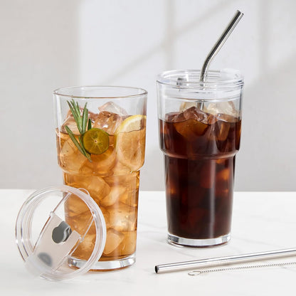 20 Oz Glass Coffee Tumblers with Lids and Straws, 2 Pack | Iced Coffee Cups with Lids, Matcha Cups, Leak Proof, Reusable for To Go Coffee, Latte, Tea, Smoothie