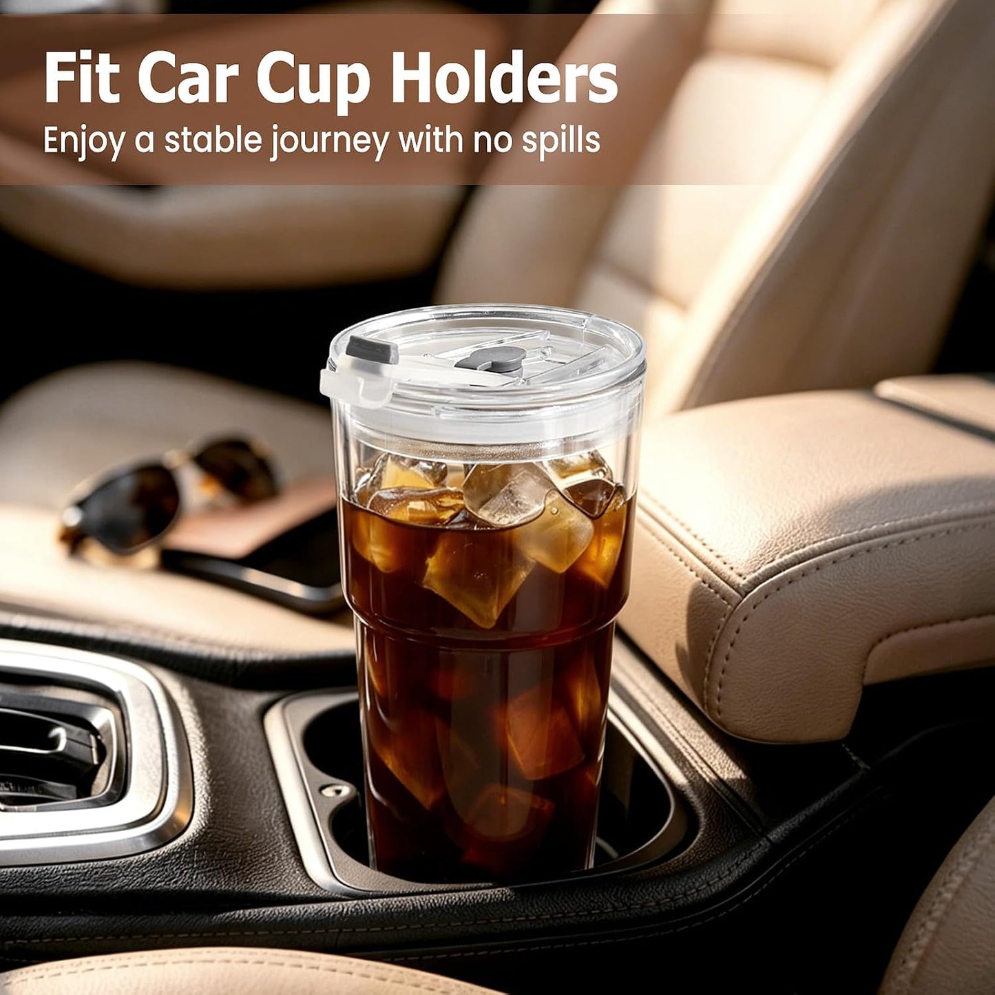20 Oz Glass Coffee Tumblers with Lids and Straws, 2 Pack | Iced Coffee Cups with Lids, Matcha Cups, Leak Proof, Reusable for To Go Coffee, Latte, Tea, Smoothie