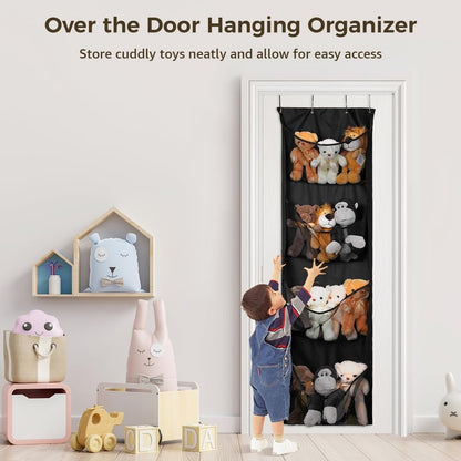 Large Stuffed Animal Storage, Over the Door Organizer with 4 Mesh Pockets, Hanging Holder for Nursery, Bedroom and Playroom, Cuddly Toy Storage Bag, Spacious Breathable Pocket Design