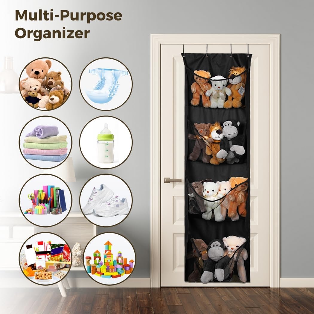 Large Stuffed Animal Storage, Over the Door Organizer with 4 Mesh Pockets, Hanging Holder for Nursery, Bedroom and Playroom, Cuddly Toy Storage Bag, Spacious Breathable Pocket Design
