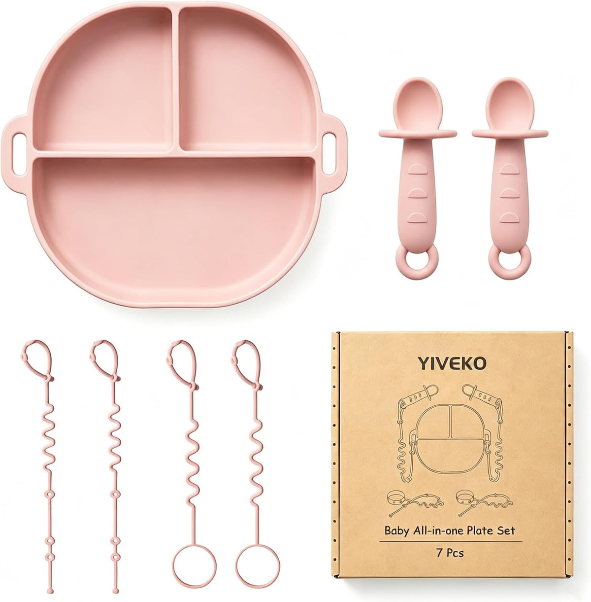 Baby Feeding Set with Silicone Divided Plate, Toy Straps, Spoon Tether, Cup Holder Strap, Anti Drop Toddler Mealtime Set for Baby Led Weaning-Blush