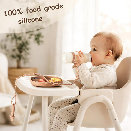 Baby Feeding Set with Silicone Divided Plate, Toy Straps, Spoon Tether, Cup Holder Strap, Anti Drop Toddler Mealtime Set for Baby Led Weaning-Blush