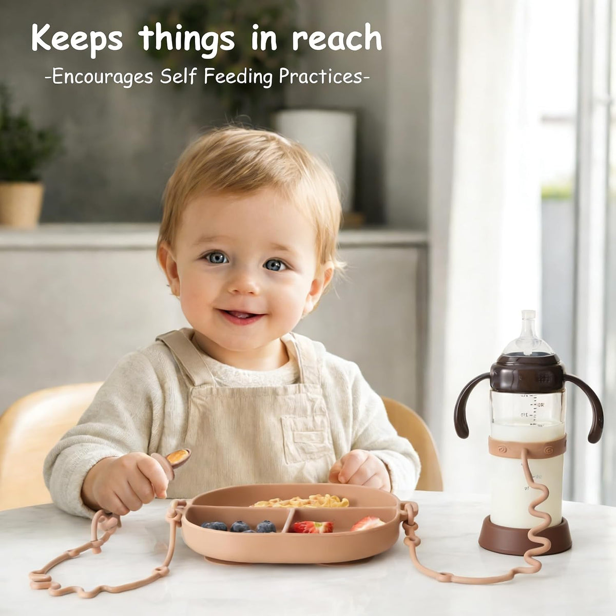 Baby Feeding Set with Silicone Divided Plate, Toy Straps, Spoon Tether, Cup Holder Strap, Anti Drop Toddler Mealtime Set for Baby Led Weaning-Blush
