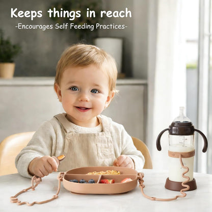Baby Feeding Set with Silicone Divided Plate, Toy Straps, Spoon Tether, Cup Holder Strap, Anti Drop Toddler Mealtime Set for Baby Led Weaning-Blush