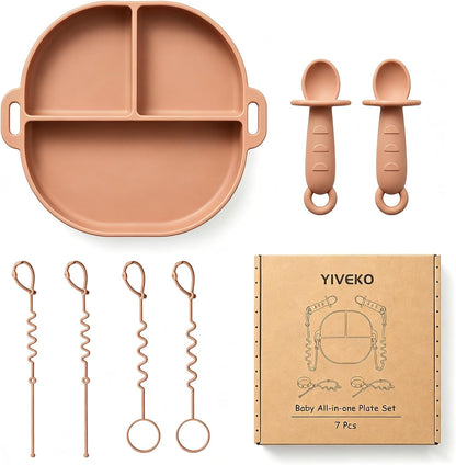 Baby Feeding Set with Silicone Divided Plate, Toy Straps, Spoon Tether, Cup Holder Strap, Anti Drop Toddler Mealtime Set for Baby Led Weaning-Blush
