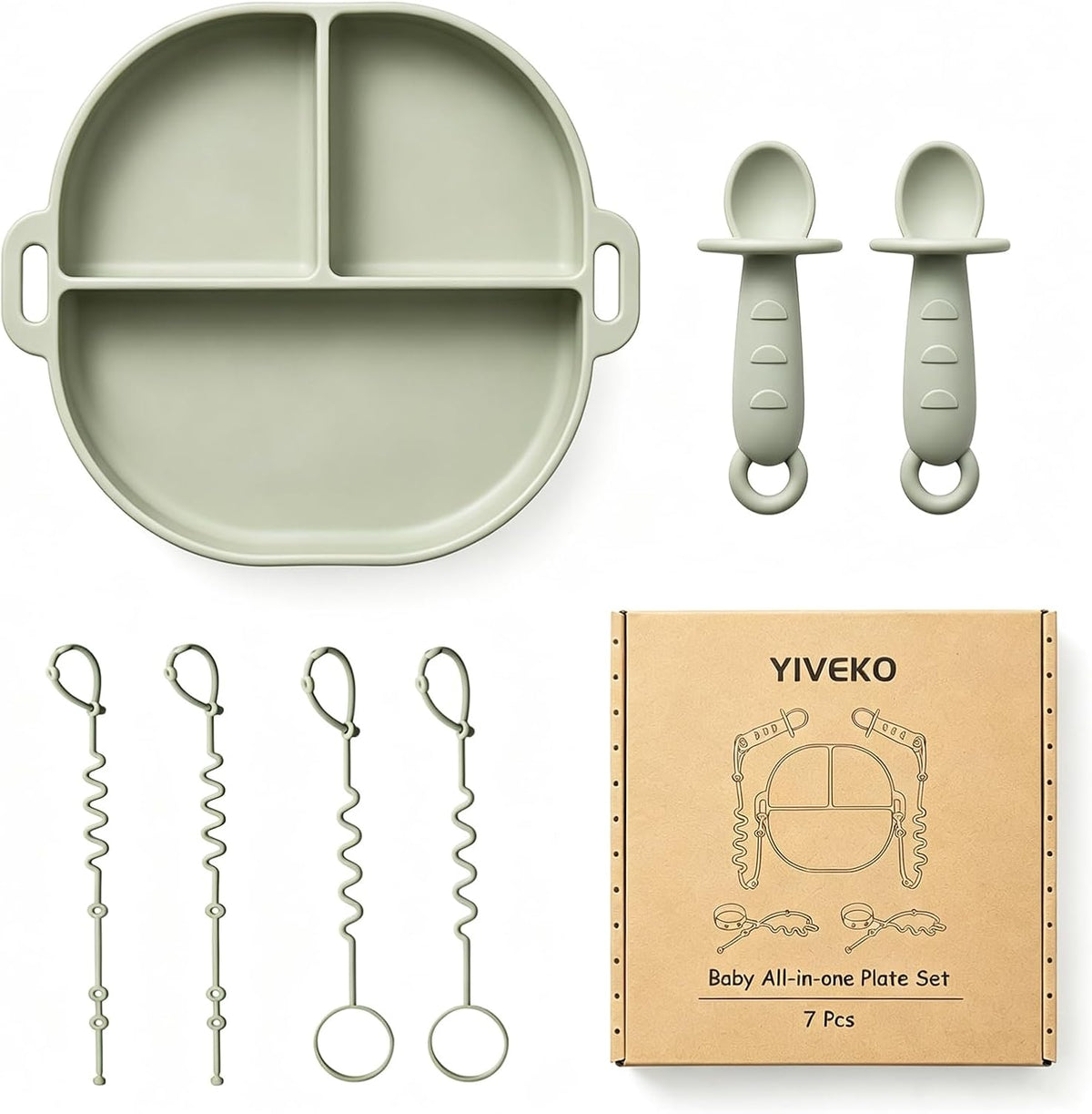 Baby Feeding Set with Silicone Divided Plate, Toy Straps, Spoon Tether, Cup Holder Strap, Anti Drop Toddler Mealtime Set for Baby Led Weaning-Blush