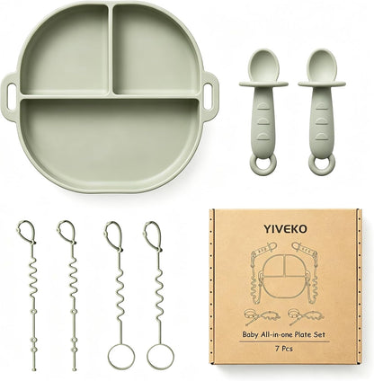 Baby Feeding Set with Silicone Divided Plate, Toy Straps, Spoon Tether, Cup Holder Strap, Anti Drop Toddler Mealtime Set for Baby Led Weaning-Blush