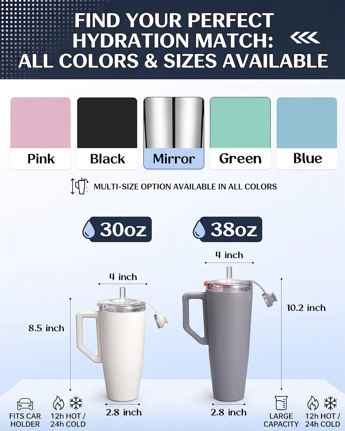 38 oz Tumbler with Handle, Insulated Cup with Patented Pop-Up Straw Lid | Patented pop-up straw, vacuum insulated stainless steel, cup holder friendly for commute, gym, travel, and daily hydration