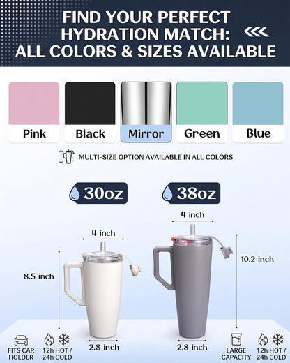 38 oz Tumbler with Handle, Insulated Cup with Patented Pop-Up Straw Lid | Patented pop-up straw, vacuum insulated stainless steel, cup holder friendly for commute, gym, travel, and daily hydration