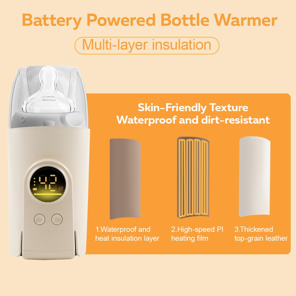 Portable Milk Warmer for Travel, On The Go Baby Bottle Warmer, Waterless Bottle Warmering with Battery-Powered for Home Outdoor, Fast Heating & Precise Temperature Control with LCD Display