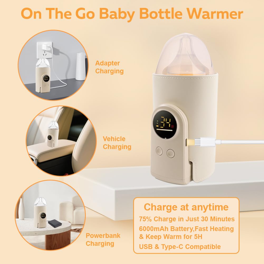 Portable Milk Warmer for Travel, On The Go Baby Bottle Warmer, Waterless Bottle Warmering with Battery-Powered for Home Outdoor, Fast Heating & Precise Temperature Control with LCD Display