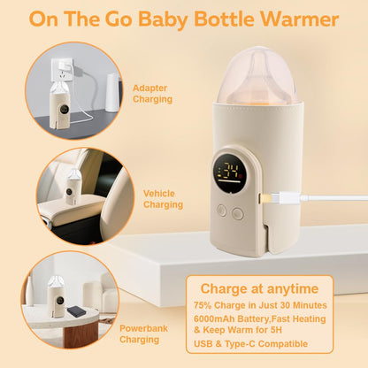 Portable Milk Warmer for Travel, On The Go Baby Bottle Warmer, Waterless Bottle Warmering with Battery-Powered for Home Outdoor, Fast Heating & Precise Temperature Control with LCD Display