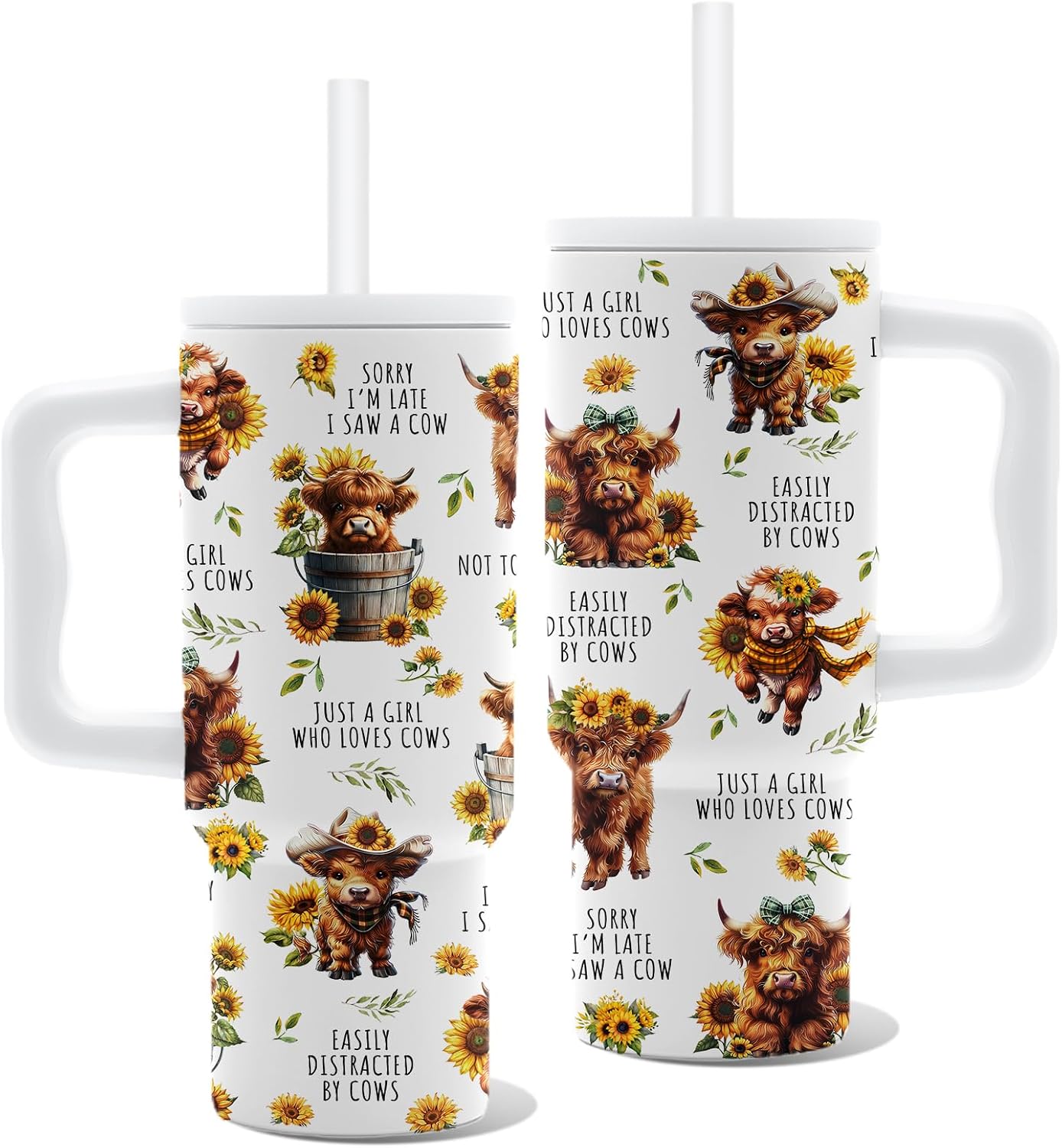 Insulated Highland Cow Tumbler 24oz, Highland Cow Gifts for Women | Sunflower Cup Gift, Just a Girl Who Loves Cows Tumbler Leakproof, Mothers Day Ideal Gifts for Cows Lovers Gym Office, 1 Pack