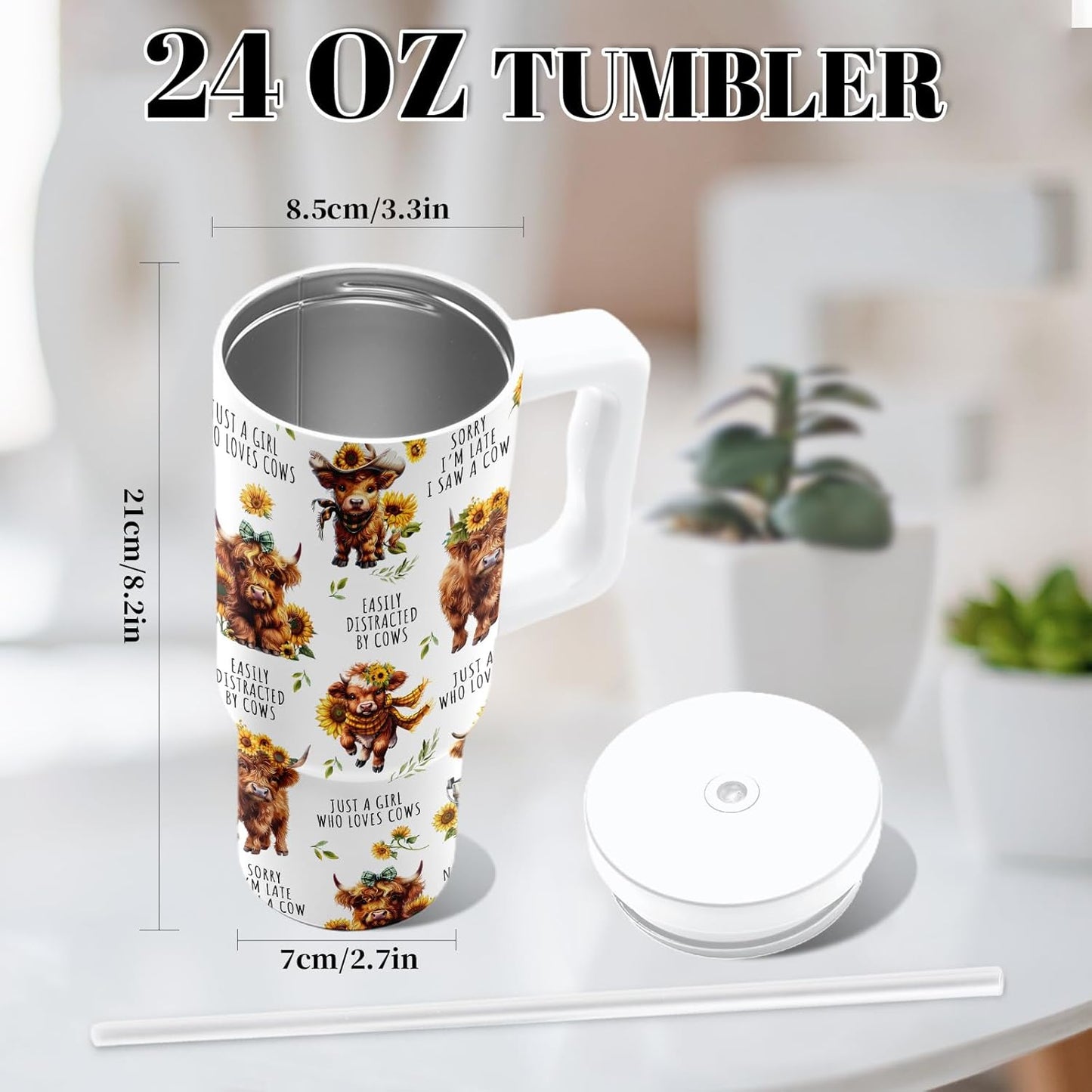 Insulated Highland Cow Tumbler 24oz, Highland Cow Gifts for Women | Sunflower Cup Gift, Just a Girl Who Loves Cows Tumbler Leakproof, Mothers Day Ideal Gifts for Cows Lovers Gym Office, 1 Pack