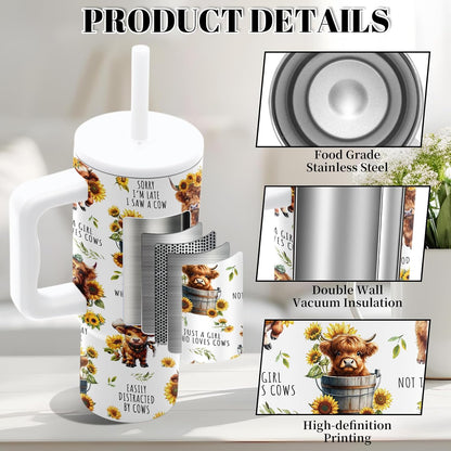 Insulated Highland Cow Tumbler 24oz, Highland Cow Gifts for Women | Sunflower Cup Gift, Just a Girl Who Loves Cows Tumbler Leakproof, Mothers Day Ideal Gifts for Cows Lovers Gym Office, 1 Pack