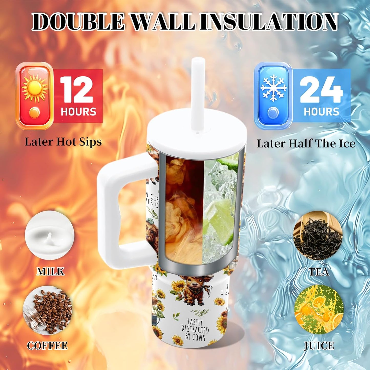 Insulated Highland Cow Tumbler 24oz, Highland Cow Gifts for Women | Sunflower Cup Gift, Just a Girl Who Loves Cows Tumbler Leakproof, Mothers Day Ideal Gifts for Cows Lovers Gym Office, 1 Pack