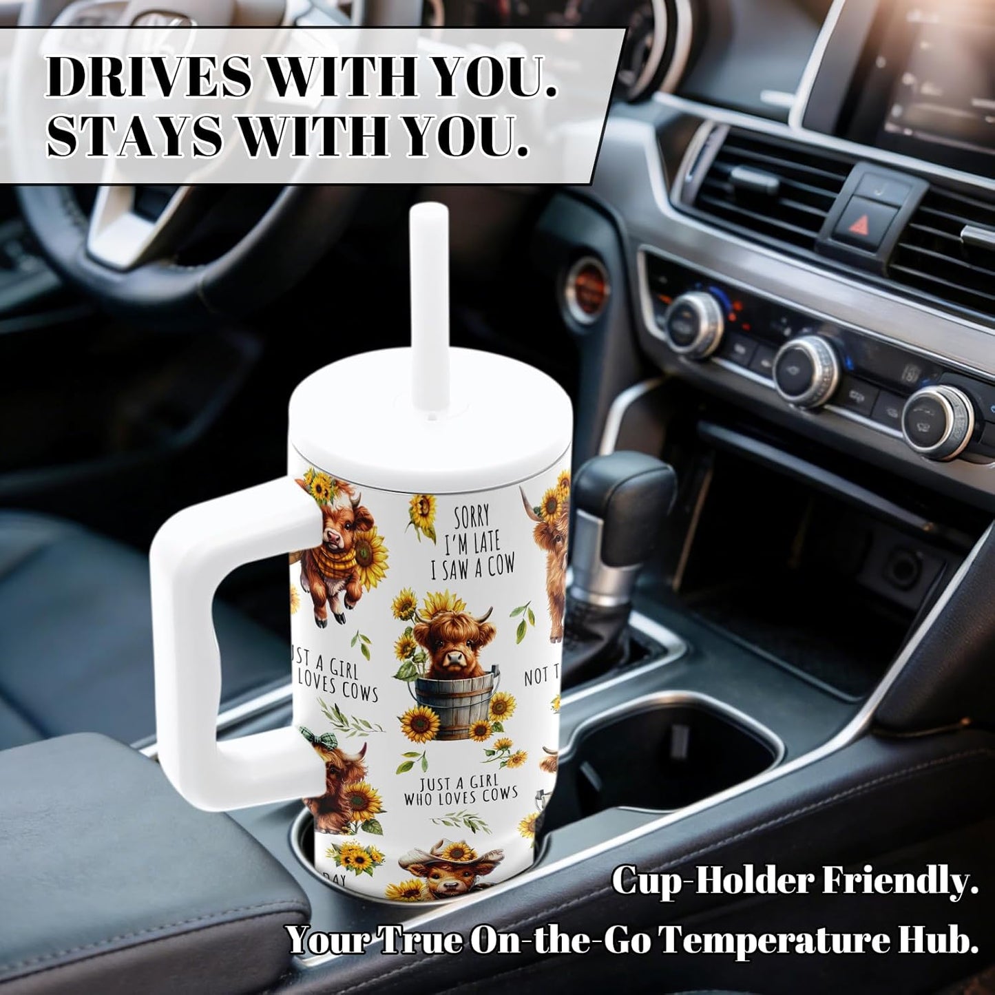 Insulated Highland Cow Tumbler 24oz, Highland Cow Gifts for Women | Sunflower Cup Gift, Just a Girl Who Loves Cows Tumbler Leakproof, Mothers Day Ideal Gifts for Cows Lovers Gym Office, 1 Pack