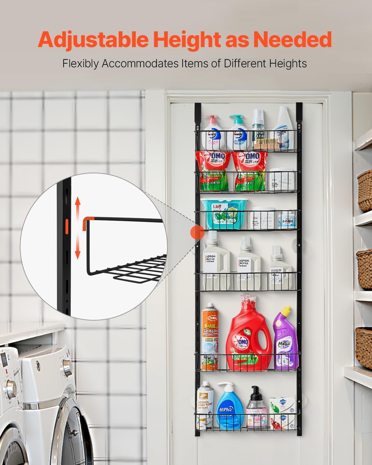 Over the Door Pantry Organizer, 9-Tier Pantry Organization and Storage, Heavy-Duty Steel Hanging Spice Rack, Adjustable Wall Seasoning Shelves, for Home Kitchen Laundry Room Bathroom, White