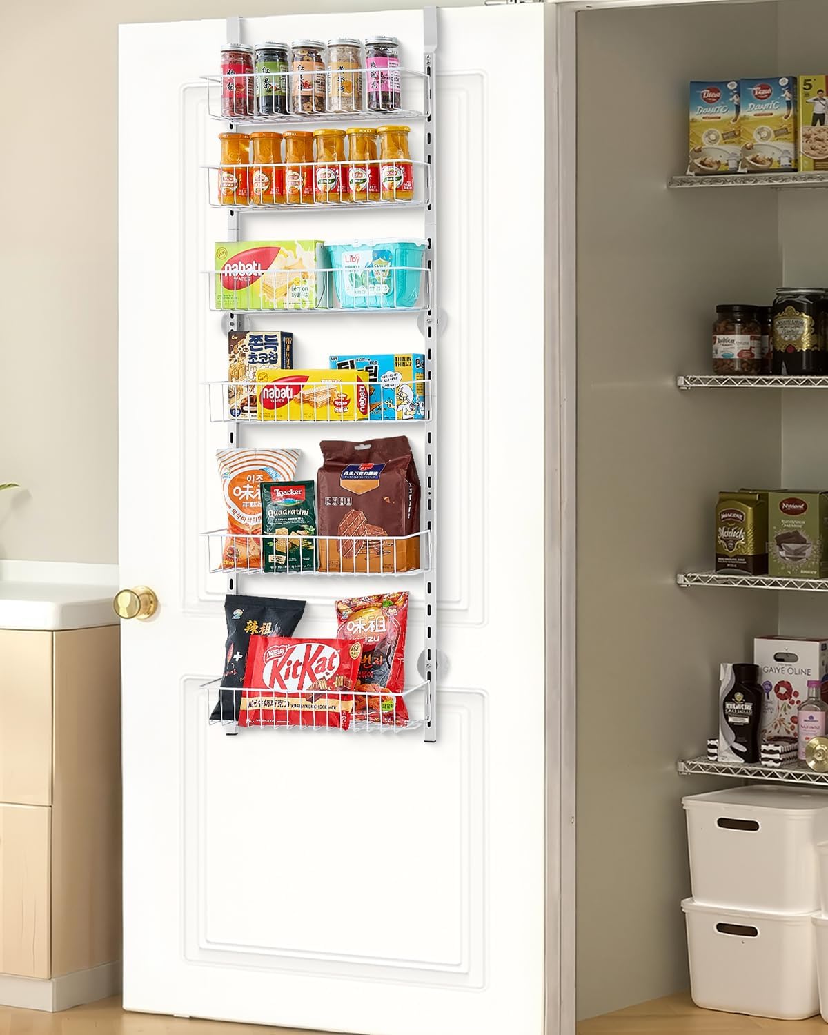 Over the Door Pantry Organizer, 9-Tier Pantry Organization and Storage, Heavy-Duty Steel Hanging Spice Rack, Adjustable Wall Seasoning Shelves, for Home Kitchen Laundry Room Bathroom, White