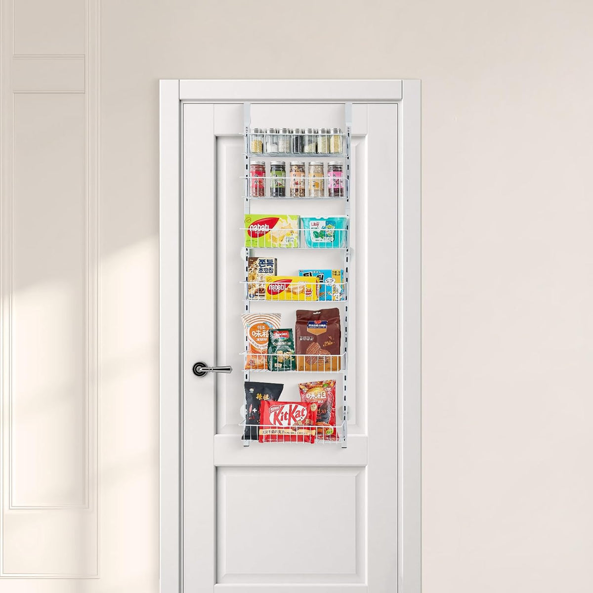 Over the Door Pantry Organizer, 9-Tier Pantry Organization and Storage, Heavy-Duty Steel Hanging Spice Rack, Adjustable Wall Seasoning Shelves, for Home Kitchen Laundry Room Bathroom, White
