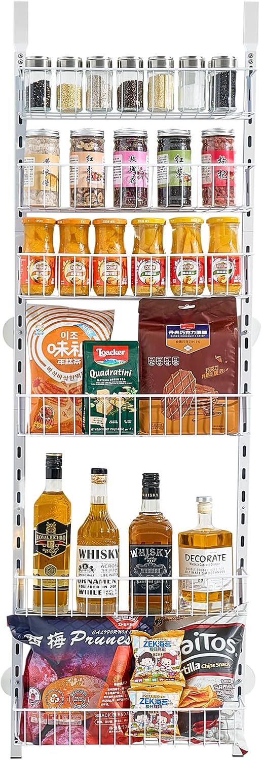 Over the Door Pantry Organizer, 9-Tier Pantry Organization and Storage, Heavy-Duty Steel Hanging Spice Rack, Adjustable Wall Seasoning Shelves, for Home Kitchen Laundry Room Bathroom, White