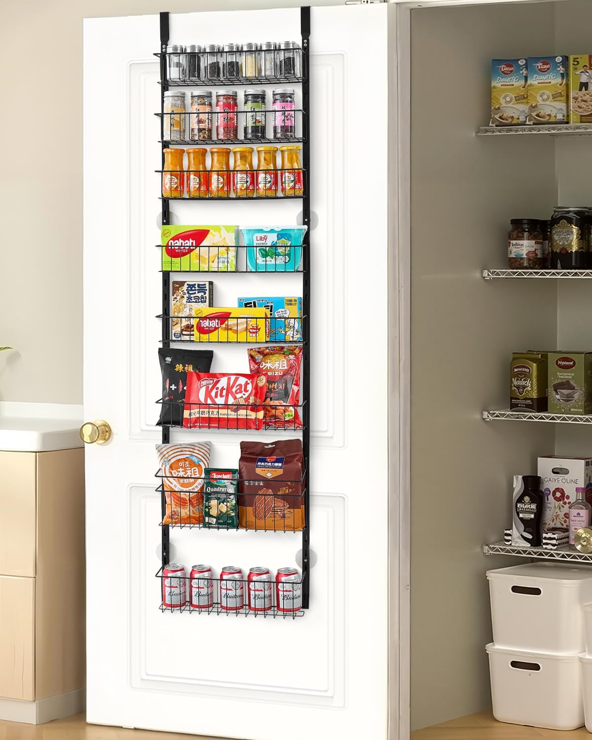 Over the Door Pantry Organizer, 9-Tier Pantry Organization and Storage, Heavy-Duty Steel Hanging Spice Rack, Adjustable Wall Seasoning Shelves, for Home Kitchen Laundry Room Bathroom, White