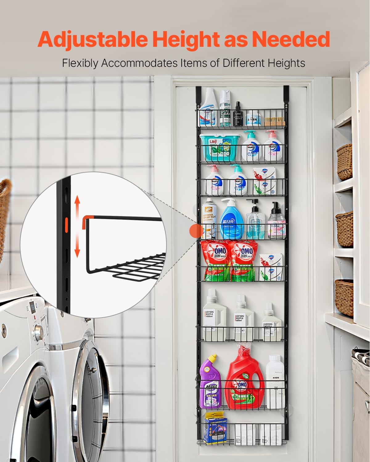 Over the Door Pantry Organizer, 9-Tier Pantry Organization and Storage, Heavy-Duty Steel Hanging Spice Rack, Adjustable Wall Seasoning Shelves, for Home Kitchen Laundry Room Bathroom, White